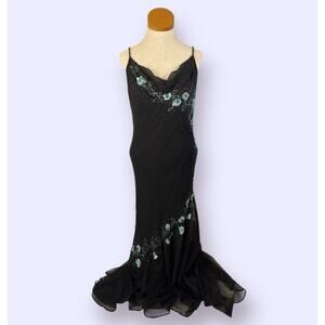 Xscape Vintage 90s Black Silk Beaded Gown Size 12 Blue Flowers